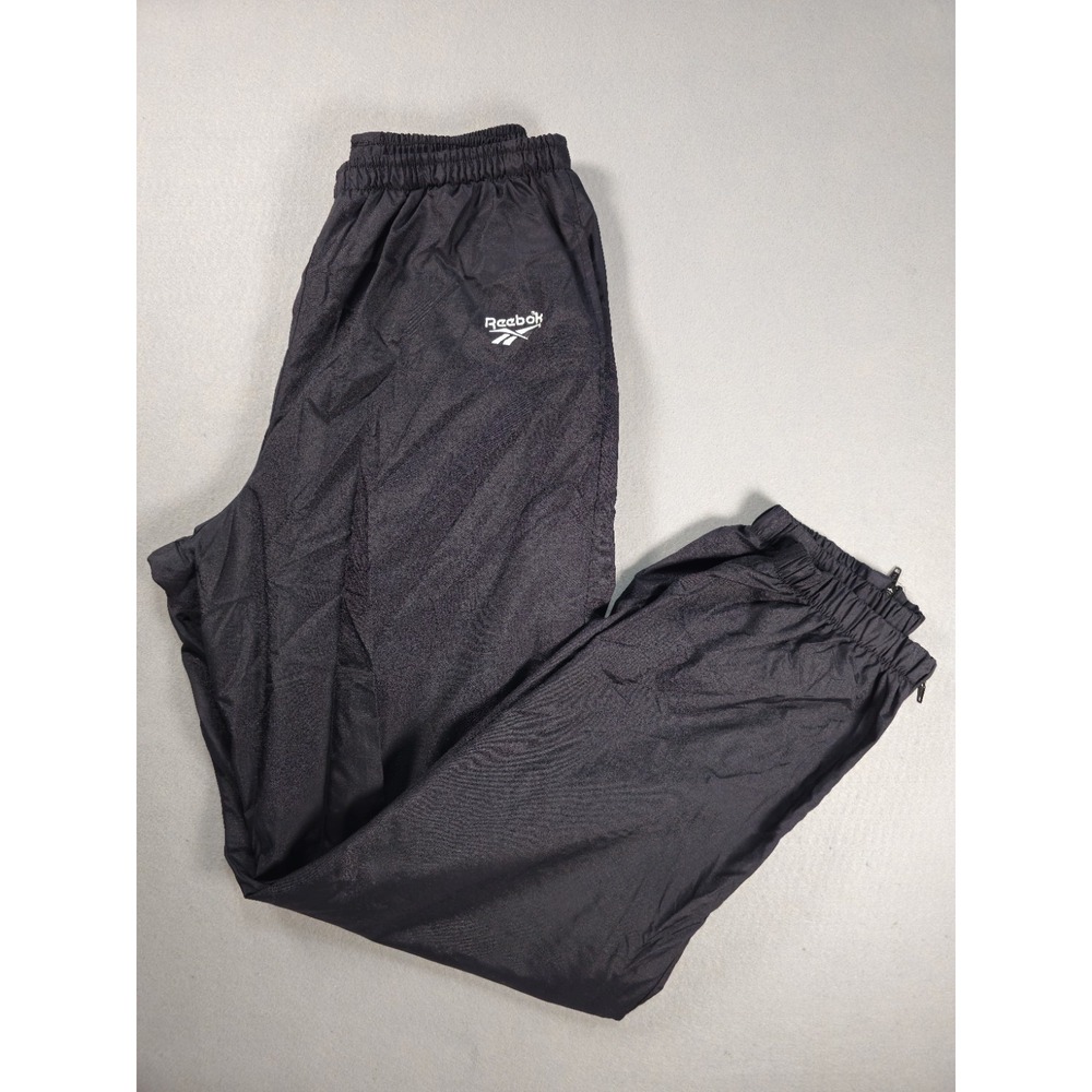 Vintage 90s Reebok Track Pants Mens L Black Nylon Windbreaker Ankle Zip